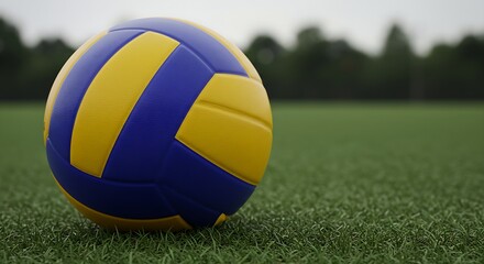 A volleyball with blue and yellow stripes, placed slightly tilted.