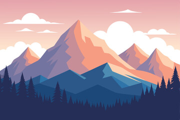 Minimalist Mountain Landscape Geometric Peaks, Pine Forest Silhouette & Pastel Sky View