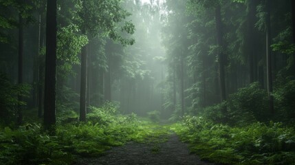 Fototapeta premium Misty Forest Path with Lush Greenery and Natural Light