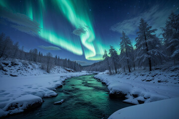 A mesmerizing aurora borealis dances across a tranquil winter river, painting the snow-covered landscape with ethereal green light under a starlit sky.