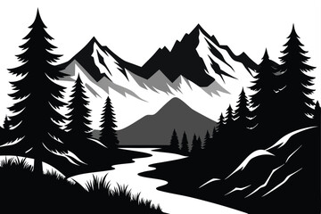 Monochrome Landscape Pine Trees, Snowy Mountains, Serene River, Black and White