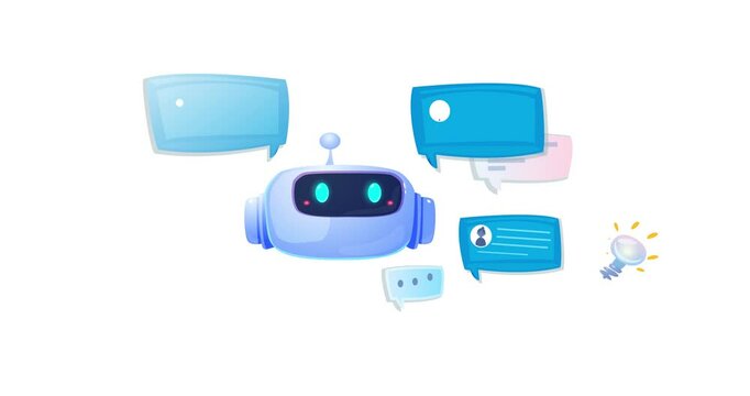 Virtual assistant and artificial intelligence. Moving banner with cute bot or neural network. Robot generates responses to user requests. Machine learning. Cartoon flat animated graphics