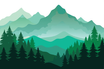 Fototapeta premium Mountain Landscape with Evergreen Forest Silhouette in Gradient Shades of Green