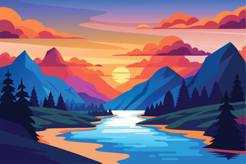 Mountain Landscape with River & Setting Sun, Colorful Abstract Design, Flat