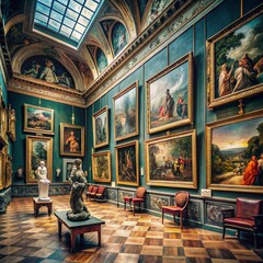 Grand art gallery with ornate architecture and numerous paintings