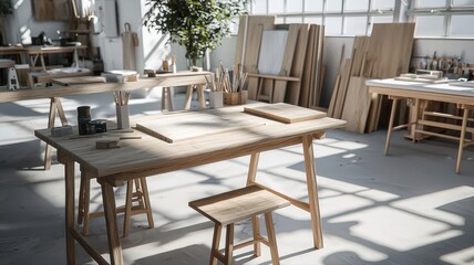 Sunlit woodworking studio with tables, tools, and natural light, perfect for crafting and creativity.