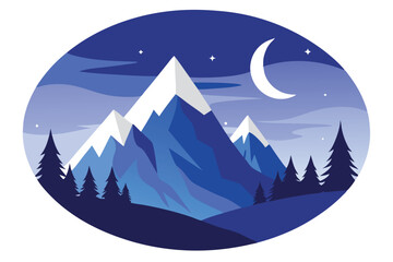 Mountain Peaks, Night Sky, Moon & Stars Illustration, Snowcapped, Trees, Blue Shades