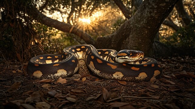 Sunset Serpent: A Coiled Python in the Australian Outback