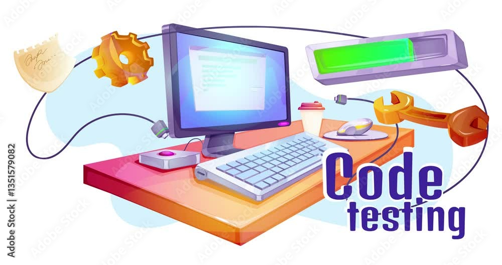 Aufkleber code testing. moving banner with computer and usability optimization tools. finding bugs, fixing err