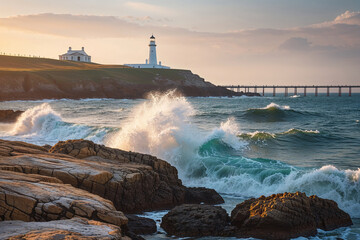 Dramatic waves crashing against rugged rocks near a serene coastal lighthouse bathed in golden sunset light.