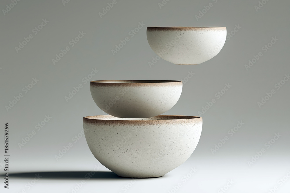 Poster elegant floating arrangement of three ceramic cups in different sizes, arranged in a balanced compos