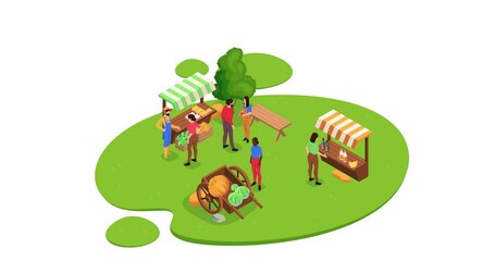 Farmers market place. Moving banner with people at outdoor farm fair with stalls of fresh vegetables and organic dairy products. Vendors selling fresh harvest fruit. Isometric 3D Animated Graphics