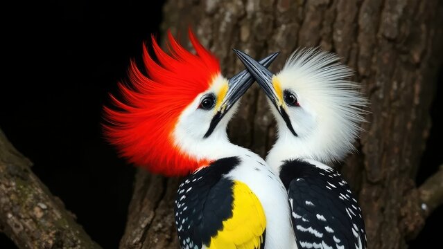 Colorful feathers of leucistic woodpecker against a dark background, colorful feathers, tree