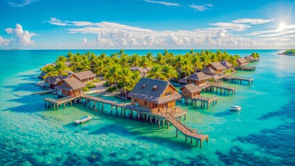 Obraz premium Luxurious Overwater Bungalows in Turquoise Lagoon, Tropical Paradise for Dream Vacations.