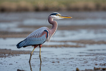 A majestic great blue heron wading in shallow water, its plumage shimmering under soft sunlight, a serene moment captured in a tranquil wetland habitat.