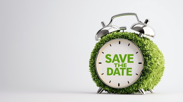 Green Grass Covered Alarm Clock with "Save the Date" Message on White Background