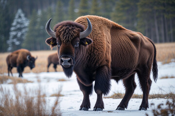 A majestic European bison stands proudly in a snowy winter landscape, its dark brown fur contrasting with the white ground, two others visible in the background. © m.naeem