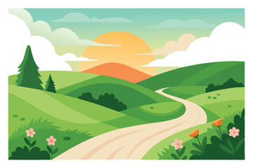 Fototapeta premium Scenic Cartoon Landscape Rolling Green Hills, Sunrise, Winding Path