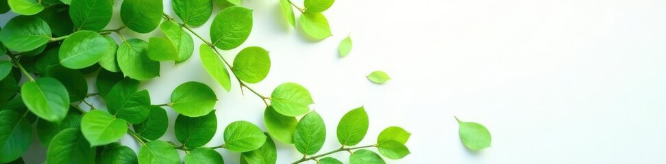 Fototapeta premium Dense green leaves scattered on pure white surface, serene, foliage