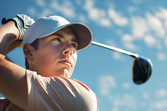 Concentrated young male golfer swinging his club against blue sky