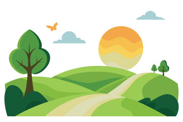 Obraz premium Scenic Cartoon Landscape With Winding Path, Lush Green Hills, Trees, Clouds, and Sun