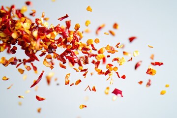 A vibrant scattering of red chili pepper flakes in the air