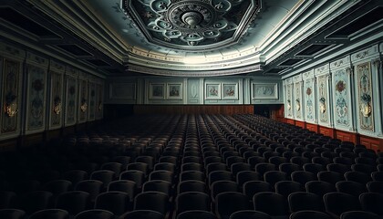 An empty theater with rows of seats and ornate ceiling decor
