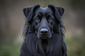 A majestic black dog gazes intently, its dark fur a stark contrast to the blurred green background, conveying a sense of quiet strength and loyalty.