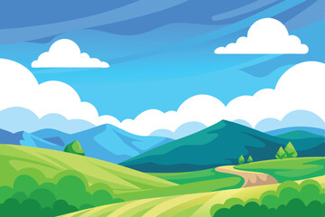 Scenic Landscape with Rolling Green Hills, Mountain Backdrop, and a Bright Blue Sky