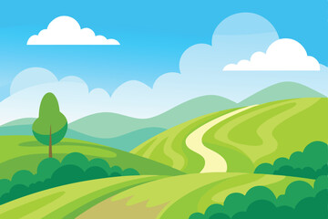 Fototapeta premium Serene Cartoon Landscape with Green Hills, Trees, White Clouds and Bright Blue Sky