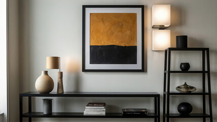 Large empty picture frame leans against minimalist shelving unit with various decorative elements in sunlit room. modern minimalist interior.