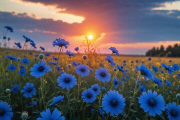 Serene sunset illuminating a breathtaking field of vibrant blue cornflowers, bathed in warm golden...