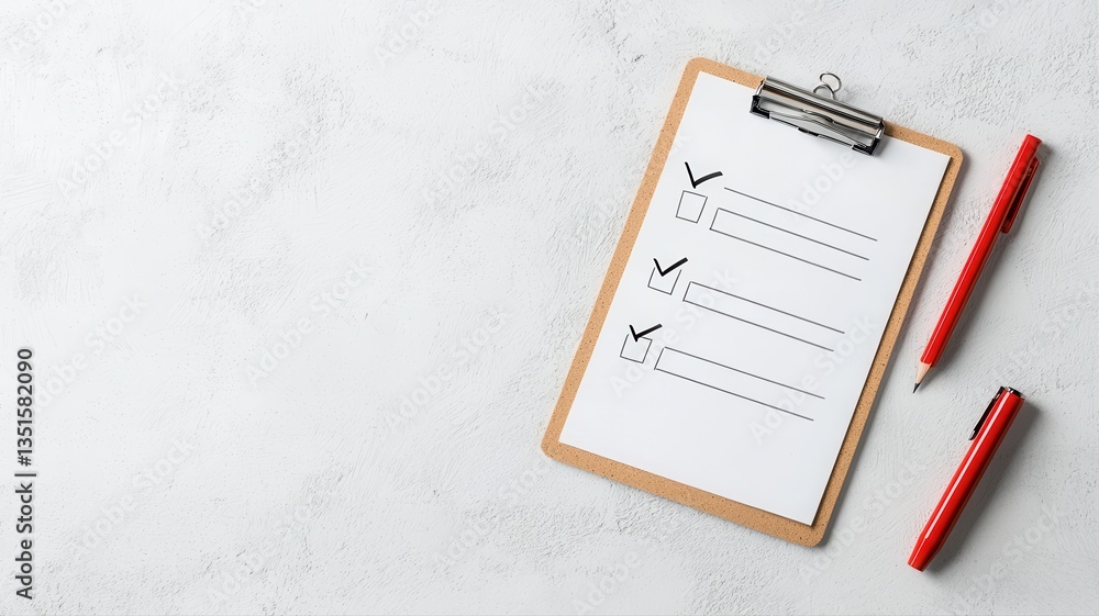 Poster top view of a checklist on a clipboard with red pen on white background, symbolizing organization an