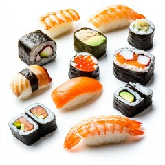 A vibrant assortment of twelve sushi pieces in a 4x3 grid, showcasing an array of nigiri and maki rolls filled with fresh and colorful ingredients like shrimp, salmon, avocado, cucumber, and fish roe,