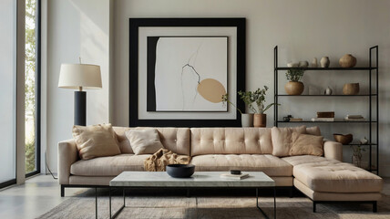 Large empty picture frame leans against minimalist shelving unit with various decorative elements in sunlit room. modern minimalist interior.