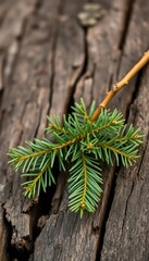 Naklejka premium A fragrant spruce branch rests on weathered wood, flora, fir