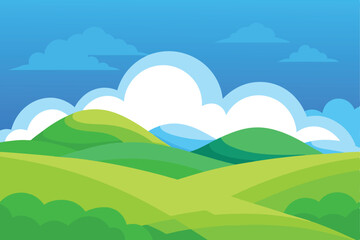 Fototapeta premium Serene Green Landscape with Rolling Hills Under a Blue Sky and White Clouds Design