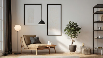 Large empty picture frame leans against minimalist shelving unit with various decorative elements in sunlit room. modern minimalist interior.