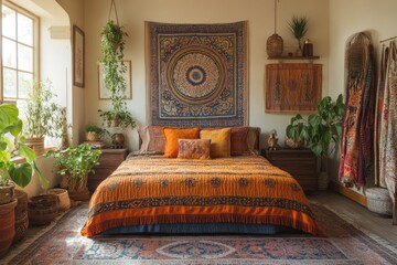 Bohemian bedroom interior with tapestry, plants, and window light
