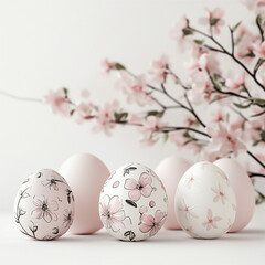 Fototapeta premium Easter, eggs, floral, cherry blossoms, pastel, delicate, spring, decoration, holiday, elegant, artistic, design, pattern, ornamental, soft colors, nature, festive, celebration, stylish, minimalistic, 