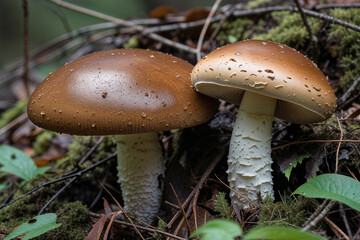 Two earthy brown mushrooms nestled amongst forest debris, showcasing their intricate textures and subtle color variations, a quiet moment in nature's embrace.