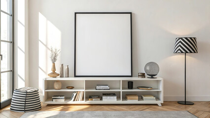 Large empty picture frame leans against minimalist shelving unit with various decorative elements in sunlit room. modern minimalist interior.