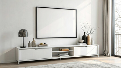 Large empty picture frame leans against minimalist shelving unit with various decorative elements in sunlit room. modern minimalist interior.