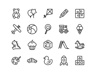 Toys Vector Icon Set | Adjustable Line Weight | Teddy bear, balloons, puzzle, airplane, dinosaur, rocking horse, blocks, rocket, cupcake, lollipop, kids, childhood, playtime icons