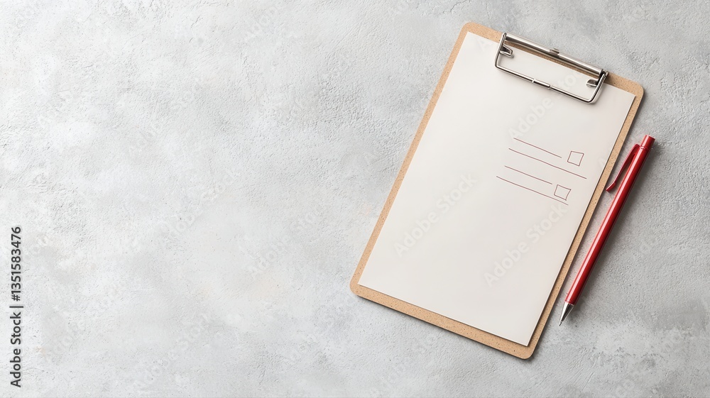 Poster top view of a clipboard with a checklist and pencil on a textured surface, symbolizing organization 