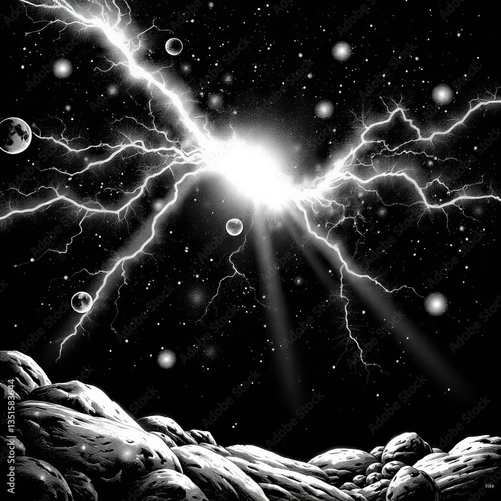 Wall mural generative ai space lightning on a distant planet lightning space planet rocky landscape stars outer