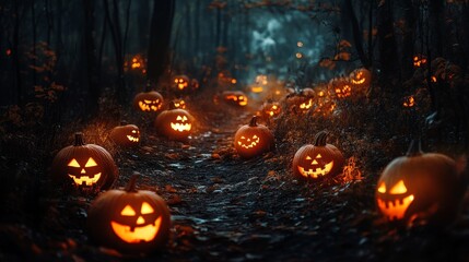 A dark forest path lit by glowing jack-oâ€™-lanterns.