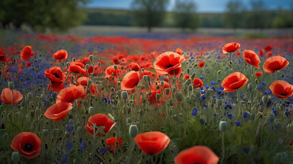 Fototapeta premium Union Jack and Red Poppies. Symbolic Remembrance Image with Soft Bokeh Background