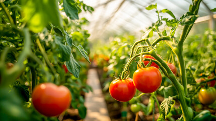 Plump, sun-kissed tomatoes thriving on lush, emerald-green vines within a meticulously maintained greenhouse oasis