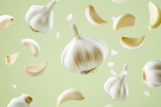 Several whole and individual garlic cloves floating on green background